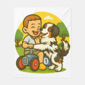 かわいい子犬と子供の遊び時間 フリースブランケット (正面)