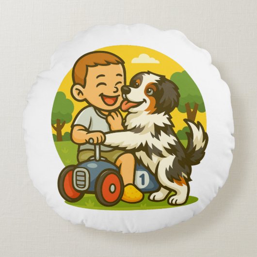 かわいい子犬と子供の遊び時間 ラウンドクッション (正面)