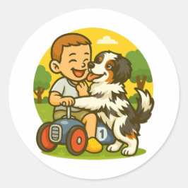 かわいい子犬と子供の遊び時間 ラウンドシール