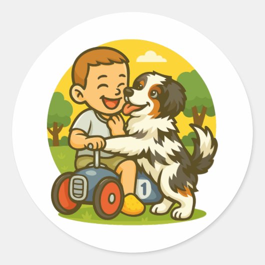 かわいい子犬と子供の遊び時間 ラウンドシール (正面)