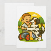 かわいい子犬と子供の遊び時間 招待状 (正面/裏面)