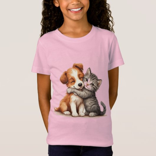 かわいい子犬と子猫が温かいスマイル Tシャツ (正面)