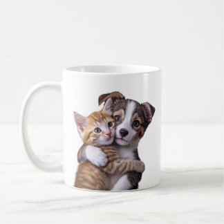 かわいい子犬と子猫のハグ コーヒーマグカップ