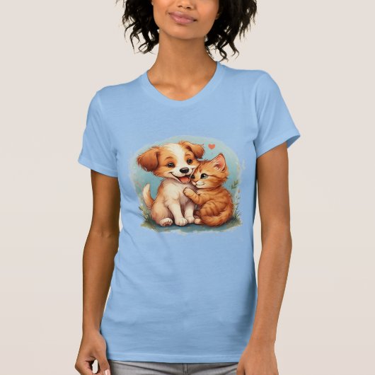かわいい子犬と子猫の抱き合い Tシャツ (正面)
