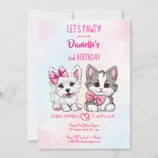 かわいい子犬と子猫の誕生日 招待状 (正面)