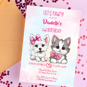 かわいい子犬と子猫の誕生日 招待状