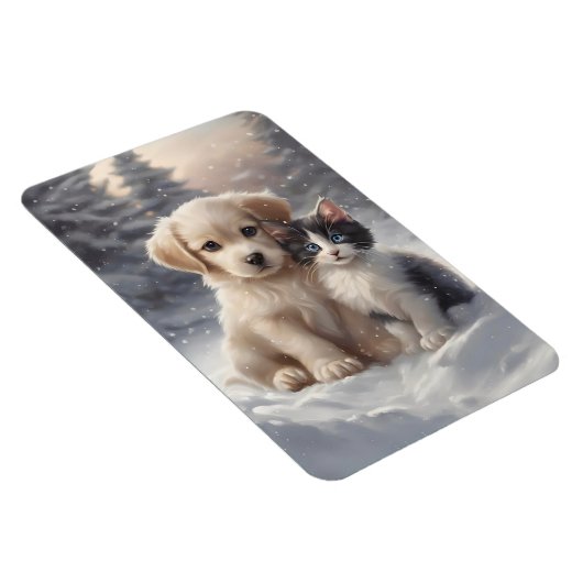かわいい子犬と子猫を雪冷房施設に マグネット (右側)