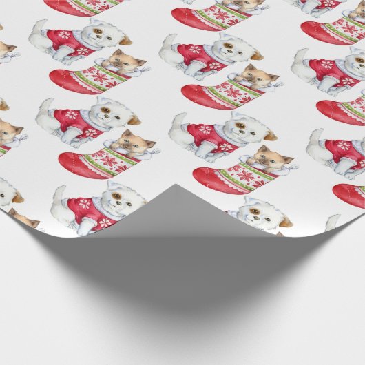 かわいい子犬と子猫クリスマスホリデー ラッピングペーパー (角)