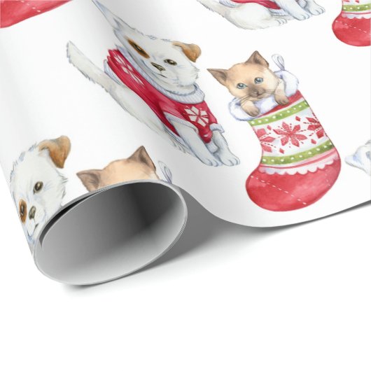 かわいい子犬と子猫クリスマスホリデー ラッピングペーパー (ロールコーナー)