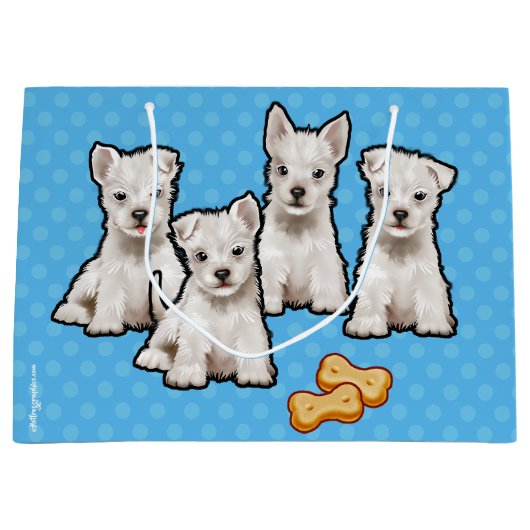 かわいい子犬と抱き枕水玉模様デザイン ラージペーパーバッグ (正面)