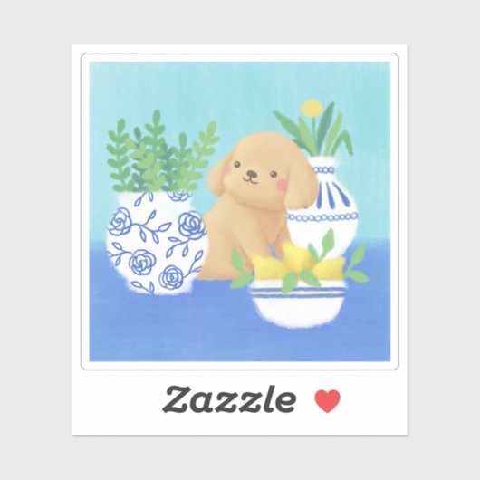 かわいい子犬と植物、レモン、花 シール (シート)