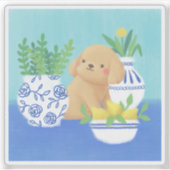 かわいい子犬と植物、レモン、花 シール (正面)