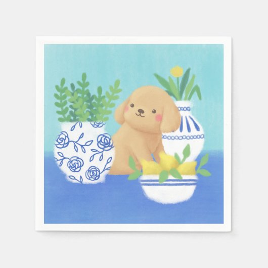 かわいい子犬と植物、レモン、花 スタンダードカクテルナプキン (正面)