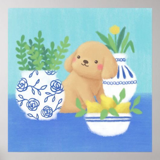かわいい子犬と植物、レモン、花 ポスター (正面)