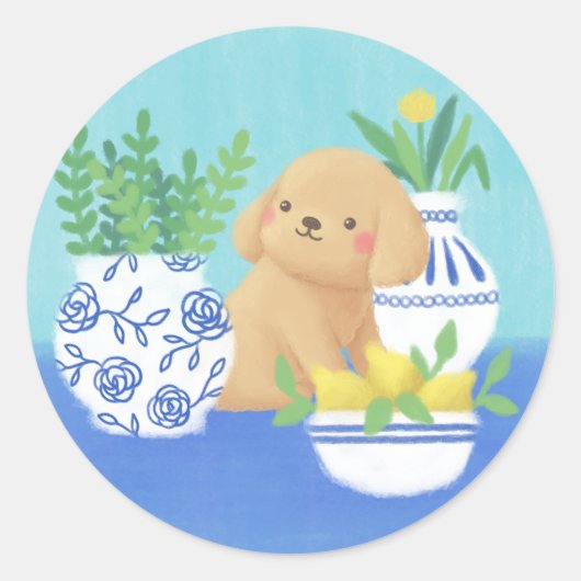 かわいい子犬と植物、レモン、花 ラウンドシール (正面)