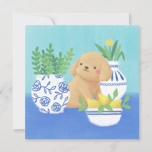 かわいい子犬と植物、レモン、花 招待状 (正面)