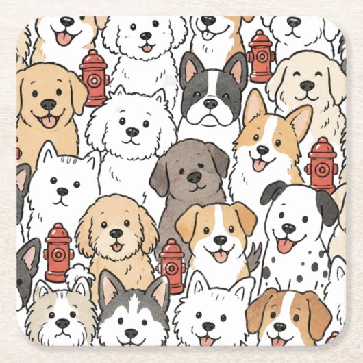 かわいい子犬と消火栓の紙コースター スクエアペーパーコースター (正面)