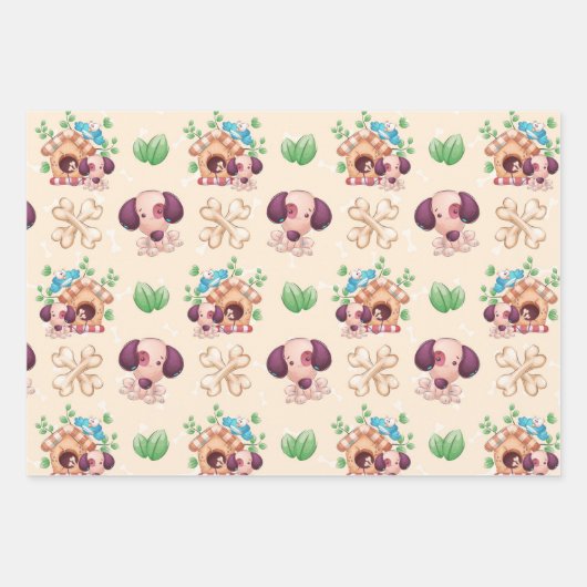 かわいい子犬と犬の家の少年 ラッピングペーパーシート (正面)