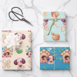 かわいい子犬と犬の家の少年 ラッピングペーパーシート