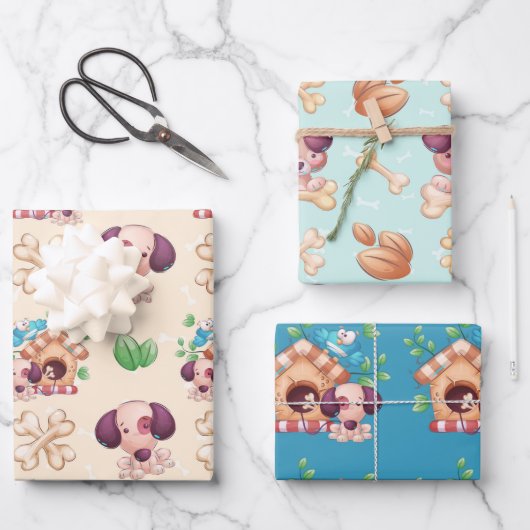 かわいい子犬と犬の家の少年 ラッピングペーパーシート (正面)