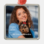 かわいい子犬と私はおばあちゃんの家族がパーソナライズ大好き メタルオーナメント (正面)