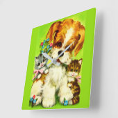 かわいい子犬と笑顔の子猫 スクエア壁時計 (傾斜)