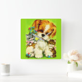 かわいい子犬と笑顔の子猫 スクエア壁時計 (ホーム)