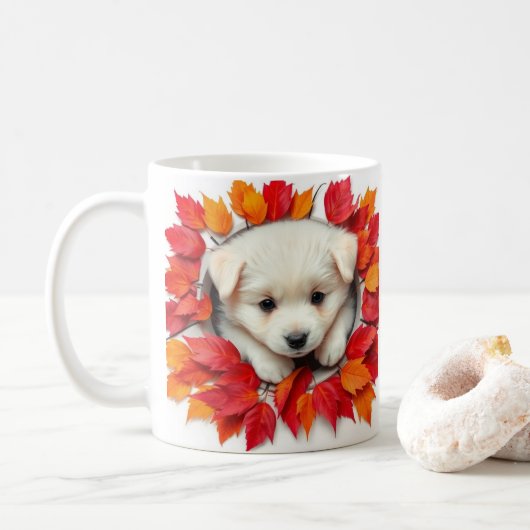かわいい子犬と紅葉、マグラップデザイン コーヒーマグカップ (ドーナツ)