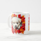 かわいい子犬と紅葉、マグラップデザイン コーヒーマグカップ (正面左)