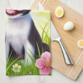 かわいい子犬と花と蝶 キッチンタオル (四つ折り)