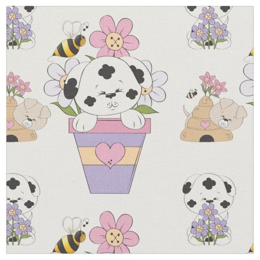 かわいい子犬と花 ファブリック (クローズアップ)