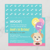 かわいい子犬と風船の誕生日パーティー 招待状 (正面/裏面)