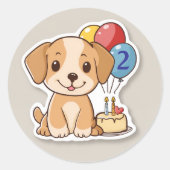 かわいい子犬と風船、2歳の誕生日 ラウンドシール (正面)