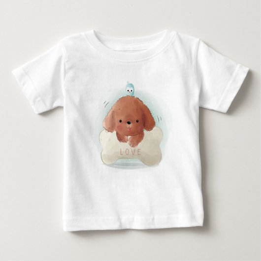 かわいい子犬と鳥と骨のTシャツ ベビーTシャツ (正面)