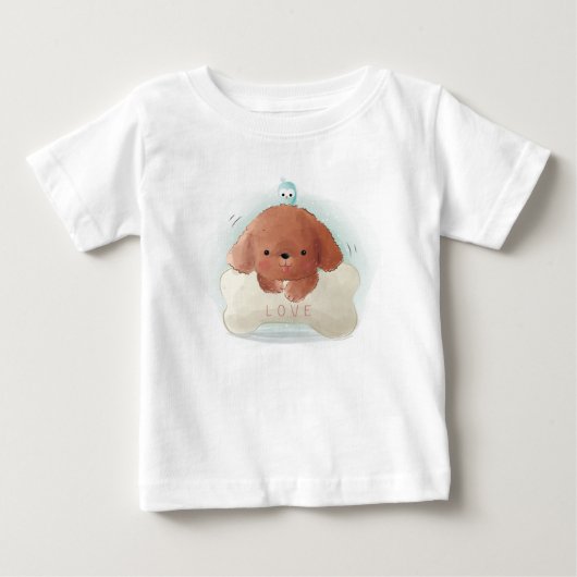 かわいい子犬と鳥と骨 ベビーTシャツ (正面)