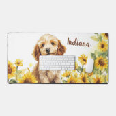 かわいい子犬のひまわり水彩色 デスクマット (キーボード&マウス)