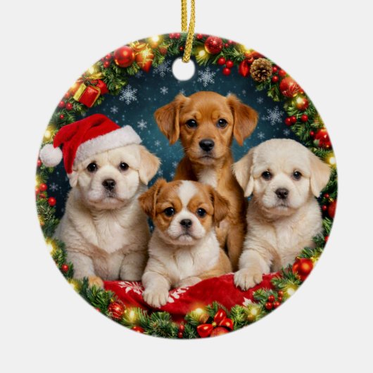 かわいい子犬のクリスマスオーナメント セラミックオーナメント (正面)