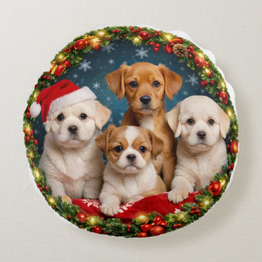 かわいい子犬のクリスマスローインピロー ラウンドクッション (正面)