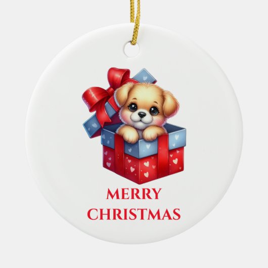 かわいい子犬のクリスマス セラミックオーナメント (正面)