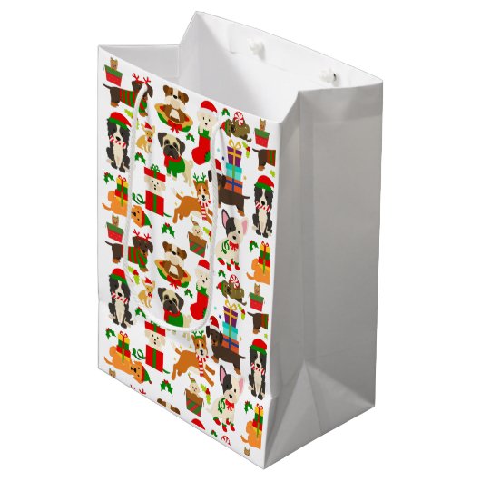 かわいい子犬のクリスマス ミディアムペーパーバッグ (正面アングル)