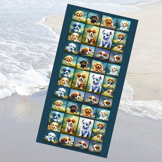 かわいい子犬のコラージュ、ベビー犬 ビーチタオル