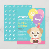 かわいい子犬のテーマの子供の誕生日パーティー 招待状 (正面/裏面)