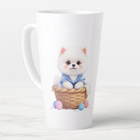 かわいい子犬のバスケット ラテ マグ (左アングル)