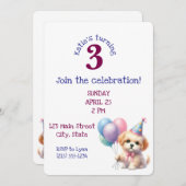 かわいい子犬のバルーン誕生日パーティー 招待状 (正面/裏面)