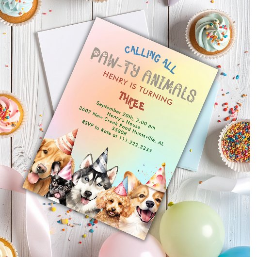 かわいい子犬のパーティーキッズの誕生日パーティー 招待状