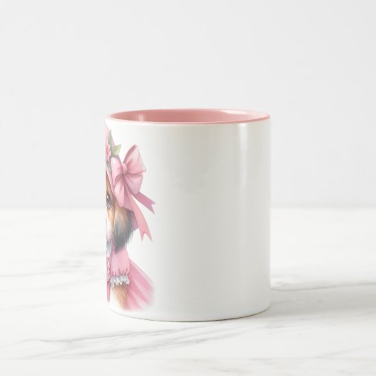 かわいい子犬のピンクハットとピンクドレスマグ ツートーンマグカップ (中央)