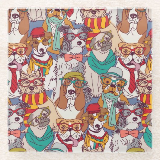 かわいい子犬のファッションパターン ガラスコースター (正面)