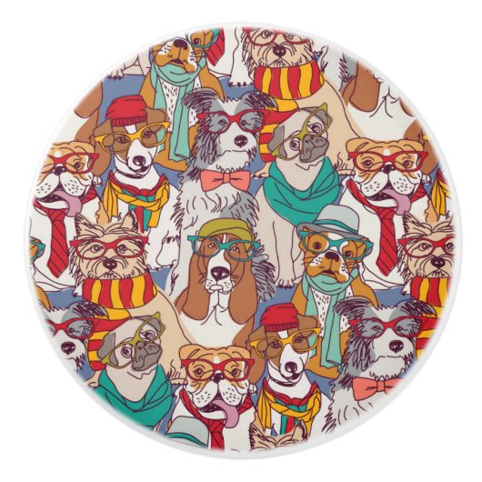 かわいい子犬のファッションパターン セラミックノブ (正面)