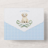 かわいい子犬のブルークレストモノグラム誕生のお知らせ オールインワン招待状 (裏面)