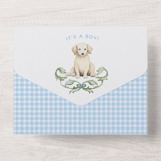 かわいい子犬のブルークレストモノグラム誕生のお知らせ オールインワン招待状 (裏面)